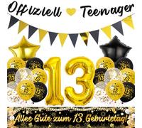 Lot de 13 ballons décoratifs officiels pour adolescent - Guirlande de ballons et bannière en tissu - Ballon chiffré XXL et fanion pour 13e anniversaire - Décoration de fête d'anniversaire (noir doré)