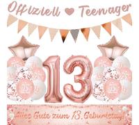 Lot de 13 ballons décoratifs officiels pour adolescent - Guirlande de ballons et bannière en tissu - Ballon chiffré XXL et fanion pour 13e anniversaire - Décoration de fête d'anniversaire (or rose)