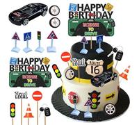 Lot de 13 décorations de gâteau d'anniversaire à paillettes permis de conduire, panneaux routiers, fournitures de fête à thème 16e, 17e et 18e anniversaire