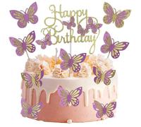 Lot de 13 décorations de gâteau d'anniversaire en forme de papillon doré et rose à paillettes pour filles et femmes