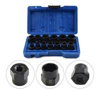Lot de 13 douilles d'extraction d'écrous 3/8" pour boulons et écrous cassés, dénudés ou endommagés - Acier chromé, cannelure inversée en spirale - Noir O