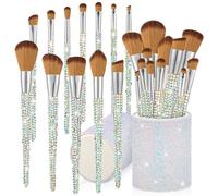 Lot de 13 pinceaux de maquillage professionnels avec strass pour fond de teint, poudre, anti-cernes, fard à paupières, avec support (argent, jaune)