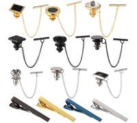 Lot de 13 pinces à cravate pour homme avec motif chaîne, finition polie, fermeture en T, bleu, argent, or, noir