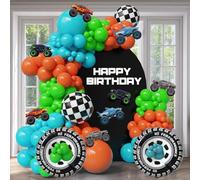 Lot de 132 décorations d'anniversaire Monster Truck pour garçons - Kit d'arche de ballons colorés avec roues, ballons en aluminium, découpes de camion, ballons orange, vert, bleu, fournitures de fête
