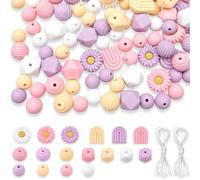 Lot de 132 perles en silicone en forme de fleur - Marguerites - Avec cordon | Perles colorées en silicone avec trous, perles de bricolage en vrac pour bracelets, stylos, porte-clés