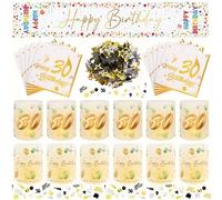 Lot de 133 décorations d'anniversaire dorées - 20 serviettes « Happy Birthday », 12 photophores, 100 confettis, 1 nappe 180 × 33 cm, élégante décoration d'anniversaire 30 ans pour femmes et hommes