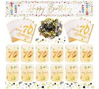 Lot de 133 décorations d'anniversaire dorées pour 70 ans, 20 serviettes « Happy Birthday », 12 photophores, 100 confettis, 1 nappe 180 × 33 cm, élégante décoration d'anniversaire 70 ans, pour femmes