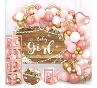 Lot de 134 décorations de fête prénatale pour fille - 4 boîtes à ballons avec lettres, kit d'arche or rose, ballons blancs, dorés, bannière, boîtes de bébé pour fille, décoration d'anniversaire