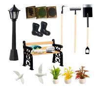 Lot de 14 accessoires de jardin pour maison de poupée miniature, décoration miniature, mini meubles de jardin avec petites pigeons blanches, banc de parking, lanterne, plantes miniatures, livres