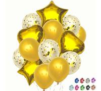 Lot de 14 ballons d'anniversaire dorés avec étoiles et coeurs en aluminium de 45 cm et ballons avec confettis et lisses de 30 cm pour décoration d'anniversaire, fête des enfants, anniversaire