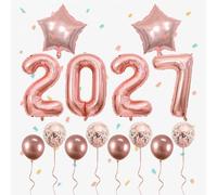 Lot de 14 ballons en forme de chiffre or rose 2027 avec chiffres géants en aluminium de 81,3 cm, étoile, latex et confettis, fournitures de fête du Nouvel An, toile de fond pour photo de NYE
