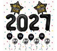 Lot de 14 ballons noirs en forme de chiffre 2027 avec chiffres géants en aluminium de 81,3 cm, étoiles imprimées, ballons en latex et confettis, décorations de fête du Nouvel An, toile de fond pour