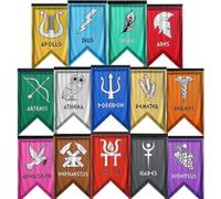 Lot de 14 bannières de cabane Percy Jackson, bannière de fête mythologie grecque Htabiol - Drapeaux de cabine Percy Jackson, pour fête d'anniversaire Percy Jackson (30,5 x 18,5 cm, polyester)