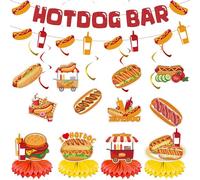 Lot de 14 bannières de décoration de fête Hot Dog à paillettes à suspendre en nid d'abeille, décoration de table pour enfants, saucisses, hot dog, fournitures de fête d'anniversaire