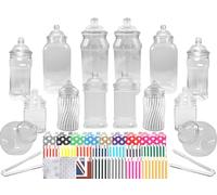 Lot de 14 bocaux à bonbons en plastique, 7 styles, 2 pinces et 50 sachets Idéal pour fête, mariage, table de bonbons, buffet de bonbons (sachets à rayures vertes)