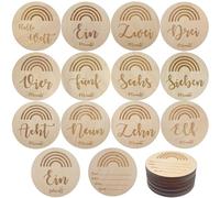Lot de 14 cartes jalons en bois pour bébé - Pour la première année - Accessoires photo de croissance - Jalons importants sur des disques en bois élégants - Cadeaux de douche pour bébé (14 pièces)