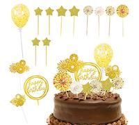 Lot de 14 décorations de gâteaux d'anniversaire, ballons à confettis, éventails en papier, décorations d'anniversaire, inserts en acrylique, feux d'artifice (doré)