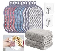 Lot de 14 éponges réutilisables avec 2 chiffons à vaisselle et 2 crochets. Éponge à récurer durable, microfibre anti-rayures pour vaisselle, casseroles, poêles
