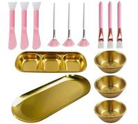 Lot de 14 fournitures d'esthéticienne, 3 bols mélangeurs dorés en acier inoxydable, 1 petit plateau de service doré, 1 plateau de service avec 3 compartiments, 3 brosses éventail pour le visage, 3