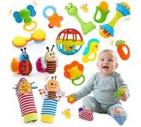 Lot de 14 hochets bébé en silicone alimentaire - jouet de dentition sensoriel Montessori 0-12 mois avec bracelet et balle