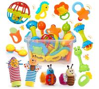 Lot de 14 hochets bébé silicone 0-12 mois - sensoriel et motricité fine - chaussettes avec boîte de rangement