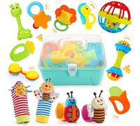 Lot de 14 hochets bébé silicone alimentaire sans BPA - Hochet dentition 0-12 mois avec boîte, jouet dès la naissance