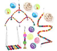 Lot de 14 jouets pour oiseaux comprenant une balançoire échelle, un perchoir, une balle à mâcher pour cage - Décoration colorée - Pour escalade d'oiseaux, balançoire, perchoir - Balle à mâcher pour