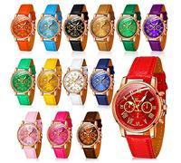 Lot de 14 montres à quartz unisexe en platine avec chiffres romains et cuir synthétique pour adolescentes, multicolore