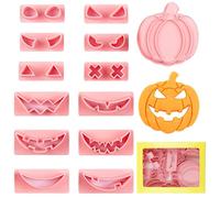 Lot de 14 moules à biscuits emporte piece en forme de citrouille d'Halloween en plastique 3D pressables pour de nombreuses expressions différentes, fournitures de fête d'Halloween