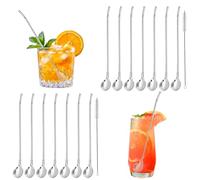 Lot de 14 pailles réutilisables en acier inoxydable 2 en 1 avec cuillères, pailles en métal avec 2 brosses de nettoyage pour smoothies, milkshakes, café, cocktail (argent)