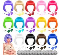 Lot de 14 Perruques Courtes Néon et 14 Lunettes Cœur Colorées | Set de Déguisement avec 14 Filets à Perruque pour Fête, Cosplay, EVJF, Soirée Disco, Halloween et Anniversaire