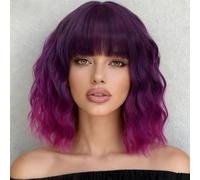 Lot de 14 perruques courtes ondulées pour femme - Violet foncé ombré - Perruque cosplay - Perruque synthétique avec frange - Perruque avec bonnet de perruque gratuit (ombré)