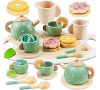 Lot de 14 Pièces Service à Thé pour Enfants, Services à thé en Bois, Service à thé de L'après Midi, Accessoires de Cuisine - Jeux de Rôle, Anniversaire Cadeau pour Enfant Filles Garçons