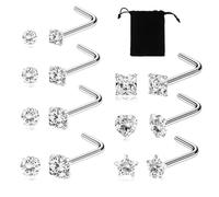 Lot de 14 piercings de nez en cristal transparent, 1 pochette en velours, Percing de nez percés en argent sterling microcristaux en forme de L