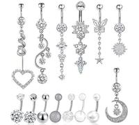 Lot de 14 piercings de nombril avec pierres de zirconium, bijoux en acier inoxydable poli pour femme, bijoux de piercing de nombril avec pendentifs suspendus