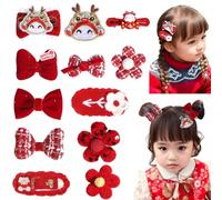 Lot de 14 pinces à cheveux pour filles et enfants, épingles à cheveux de style chinois pour le Nouvel An, l'année du dragon, nœud, ours porte-bonheur, chat rouge, accessoires à cheveux pour festival