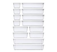 Lot de 14 plateaux de rangement en plastique transparent pour outils de maquillage, ustensiles de cuisine, bijoux et gadgets