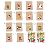 Lot de 14 Sacs Cadeaux de Noël Avec 2 Autocollants, Sac de Bonbons Avec Cordon de Serrage, Fournitures de Fête pour Enfants, Emballage Cadeau, Fête de Vacances