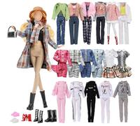 Lot de 14 vêtements et accessoires compatibles avec Barbie, 1 ensemble de manteaux, 1 manteau à carreaux, 1 vêtement de sport, 1 jeu de mode, 1 jupe, 2 poches, 5 chaussures, bonnet écharpe aléatoire