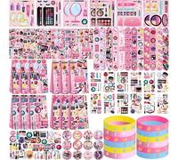Lot de 144 cadeaux de fête spa, 50 autocollants, 12 autocollants de tatouage, 12 badges à boutons, 12 mini blocs-notes, 12 bracelets Slap, 12 bracelets en caoutchouc, 12 sacs à friandises pour filles