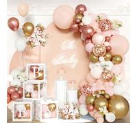 Lot de 144 décorations de fête prénatale or rose pour fille - Kit d'arche de ballons roses avec 4 boîtes pour bébé - Ballons confettis dorés métalliques pour anniversaire de princesse, fond de fête
