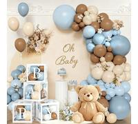Lot de 144 décorations de fête prénatale pour garçon - We Can Bearly Wait - Kit d'arche de ballons bleu marron avec 4 boîtes pour révélation du sexe, 1er anniversaire