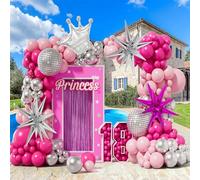 Lot de 145 arches de ballon rose argenté avec disco rose argenté étoile couronne pour fête à thème Barbie Princesse Fête d'anniversaire fille bébé douche anniversaire mariage