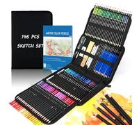 Lot de 146 crayons de couleur pour dessin et esquisse, fournitures artistiques comprenant des crayons de couleur fusain, aquarelle, graphite, kit de dessin professionnel et carnet de croquis pour