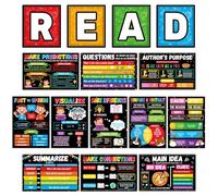 Lot de 15 affiches colorées de compréhension de la lecture pour salle de classe, tableau d'affichage de motivation éducatif, affiches de lecture pour école primaire, coin de lecture, bibliothèque