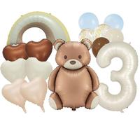 Lot de 15 ballons décoratifs en forme d'ours pour 3e anniversaire garçon et fille avec ballon en aluminium en forme de cœur