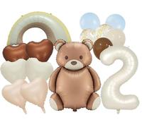 Lot de 15 ballons décoratifs en forme d'ours, pour le 2ème anniversaire, garçon et fille, avec ballon en aluminium en forme de cœur, pour décoration d'anniversaire d'enfant