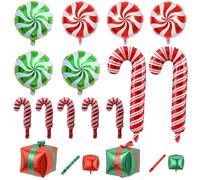 Lot de 15 ballons gonflables en forme de canne à sucre d'orge et ballons en aluminium pour décorations de Noël, comprend 2 grandes cannes à sucre, 5 mini cannes à sucre, 3 moulins à vent verts, 3