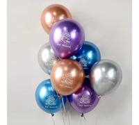 Lot de 15 ballons métalliques Eid Mubarak - 30,5 cm - Ballons multicolores en latex pour décorations du Ramadan - Fournitures de fête musulmanes de qualité supérieure avec calligraphie arabe et ruban