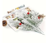 Lot de 15 branches d'aiguilles de pin artificielles givrées pour décoration d'arbre de Noël, couronnes, guirlandes - Vert réaliste avec PVC blanc givré et pics métalliques pour intérieur/extérieur (1)